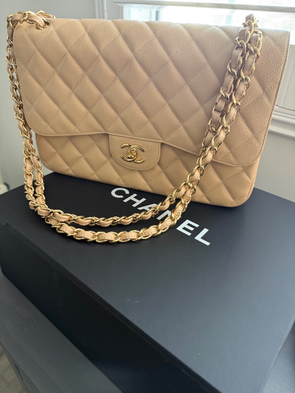 Chanel Caviar Quilted Jumbo Double Flap Beige Claire